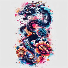Obraz premium Colorful Dragon Tattoo Art with Floral Elements. Generative ai.