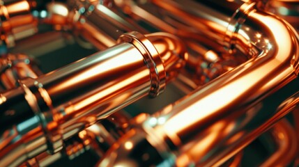 Naklejka premium Close-up of Shiny Copper Pipes with Elbows. Generative ai.
