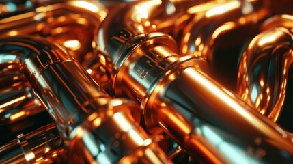 Fototapeta premium Close-up of Shiny Copper Pipes with Elbows. Generative ai.