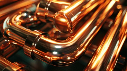 Naklejka premium Close-up of Shiny Copper Pipes with Elbows. Generative ai.