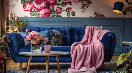 Cozy Living Room with Blue Velvet Sofa and Floral Decor. Generative ai.