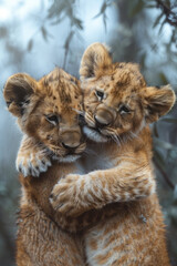Fototapeta premium Young lion cubs playing with each other in the savannah,