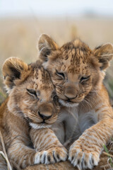 Fototapeta premium Young lion cubs playing with each other in the savannah,