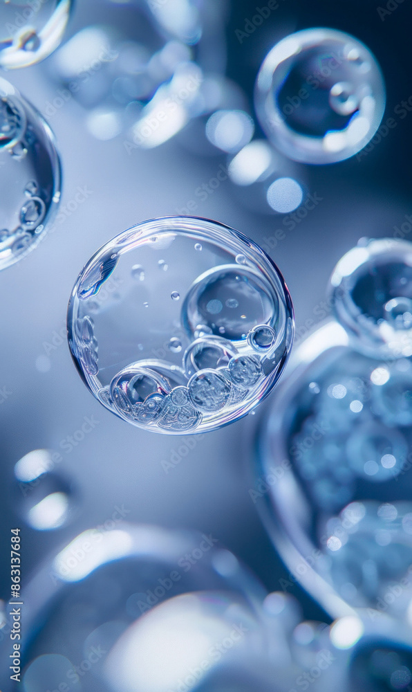 Poster close-up of floating soap bubbles. generative ai