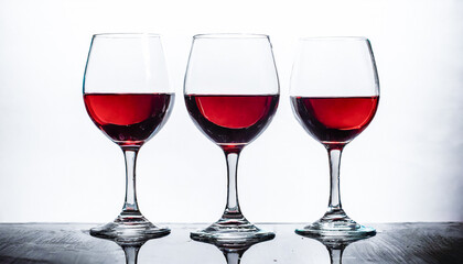 Three glasses filled with red wine placed in a side-by-side arrangement on a clean, white background, perfect for illustrating wine tasting or dining concepts.