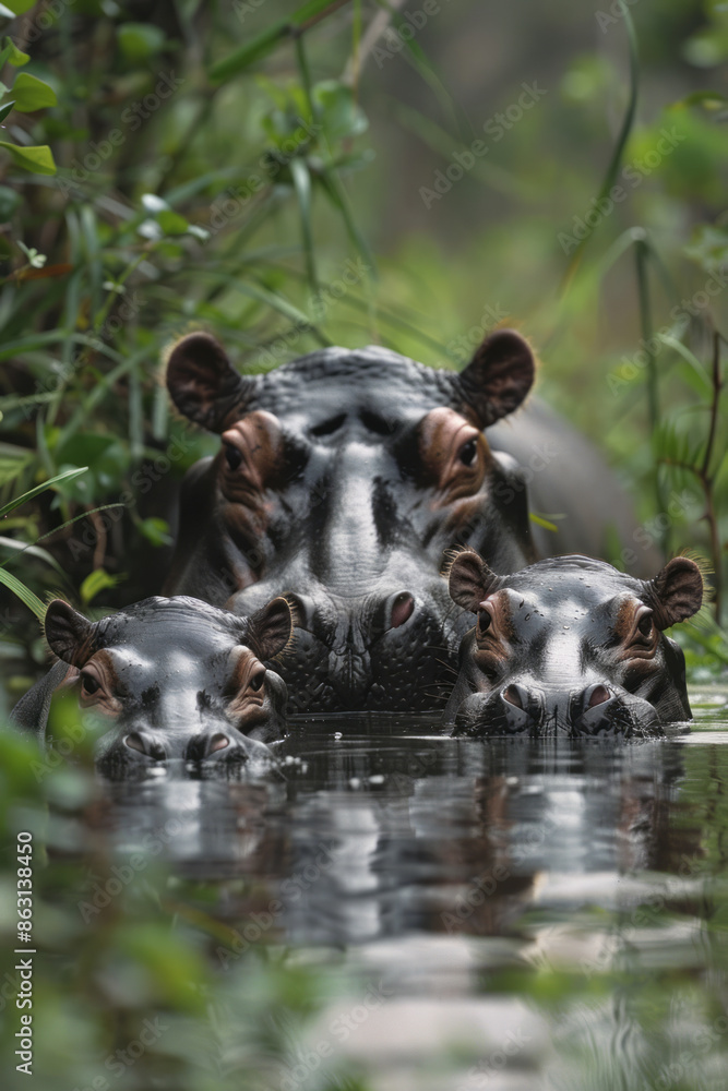 Wall mural Young hippo calves wading in the water next to their mothers,