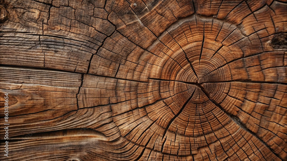 Poster a close-up image of the cross-section of a weathered tree trunk, showcasing its intricate growth rin