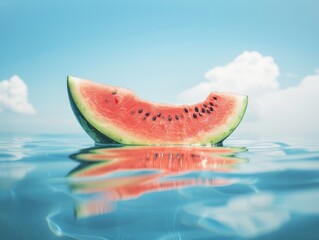 Creative summer concept made of watermelon slice floating on the water surface against clear blue sky