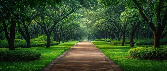 Obraz premium Treelined pathway, lush green park, serene and peaceful