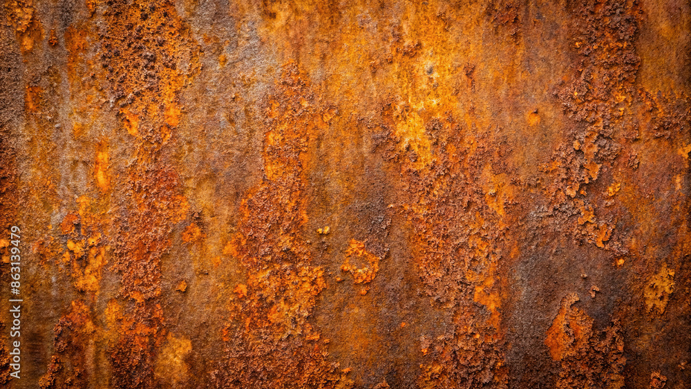 Poster a close-up image showcasing a heavily rusted metal surface with textured patterns. the rust appears 