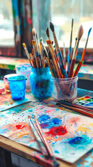 A table with paintbrushes, paint, and watercolor paper, suggesting an artist's workspace.