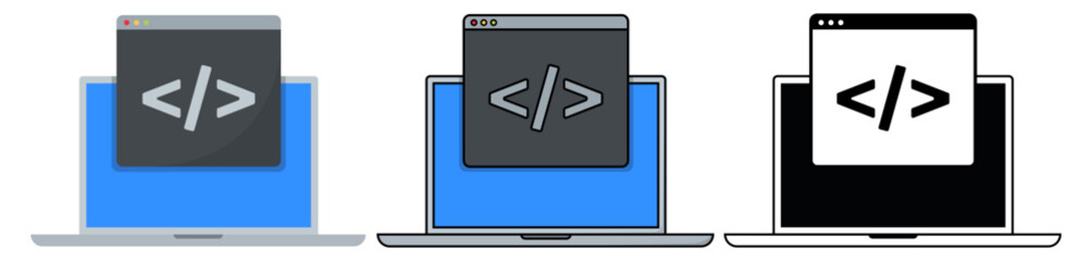 Isolated laptop with code window for software development, computer programming, game development, debugging, bug fixing, web development, frontend. Technology concept vector icon