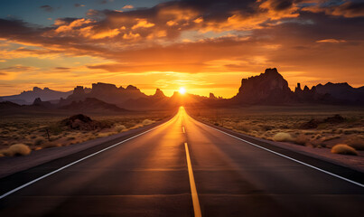 A lonely straight road leading through a rocky desert with low bushes at sunset.
