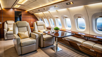 Fototapeta premium A modern private airplane cabin features reclining leather seats, a small table, and wood accents
