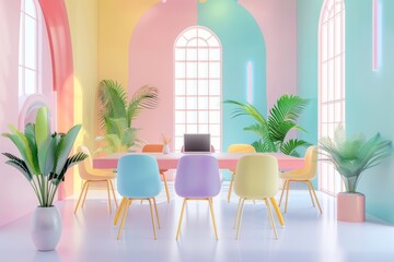 Abstract, beautiful, hardworking pastel office furniture, workplace, working hard in the office. Pleasant pastel working atmosphere. Illustration. Generative AI