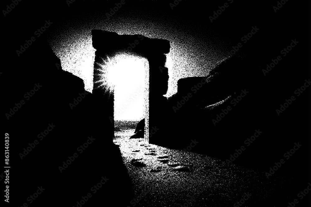 Poster Ancient ruins in sci-fi scene with dotwork retro style. Mysterious gate debris with dramatic lights and retro texture