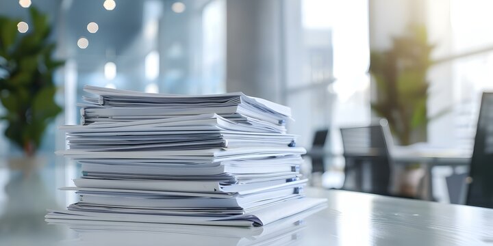 Organized stack of papers on a desk in a contemporary office environment. Concept Office Desk, Organized Papers, Contemporary Environment, Professional Setting