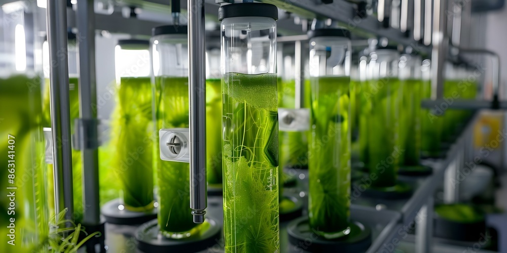 Poster detailed image of lab with microalgae bioreactors for co2 capture technology. concept lab setup, mic