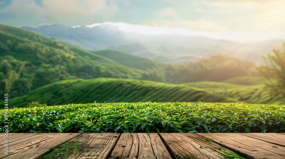 Aufkleber wooden table with blurred background of green tea mountain and grass field representing a fresh and 