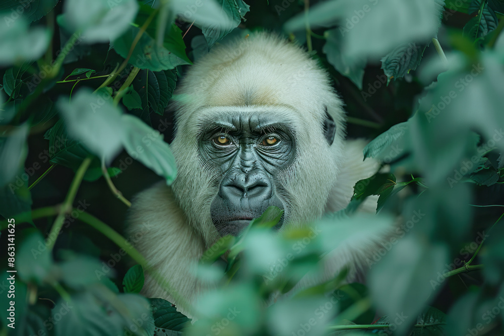 Wall mural Albino gorilla sitting among lush green foliage, striking against the vibrant background,