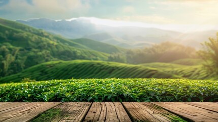 Wooden table with blurred background of green tea mountain and grass field representing a fresh and relaxing concept for product display or visual layout with empty space for text