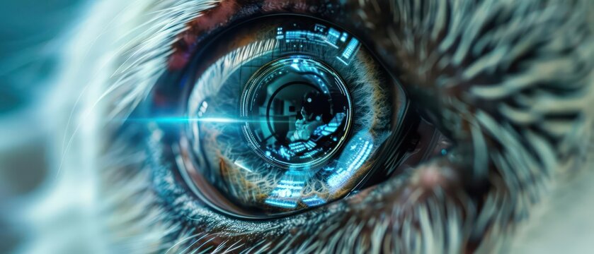Closeup of a cybernetic dogs eye with a builtin camera lens, with copy space