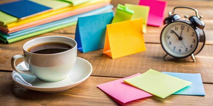 A colorful sticky note on a cluttered desk with a clock and coffee cup, reminding to stay on track and meet deadlines in a busy workspace.