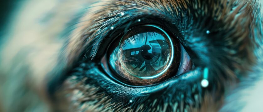 Closeup of a cybernetic dogs eye with a builtin camera lens, with copy space