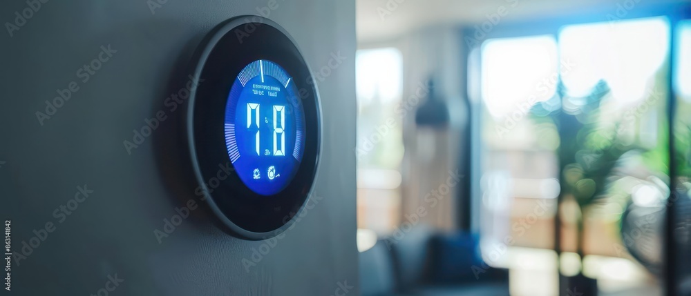 Poster closeup of a digital thermostat displaying temperature in a minimalist smart home, with copy space