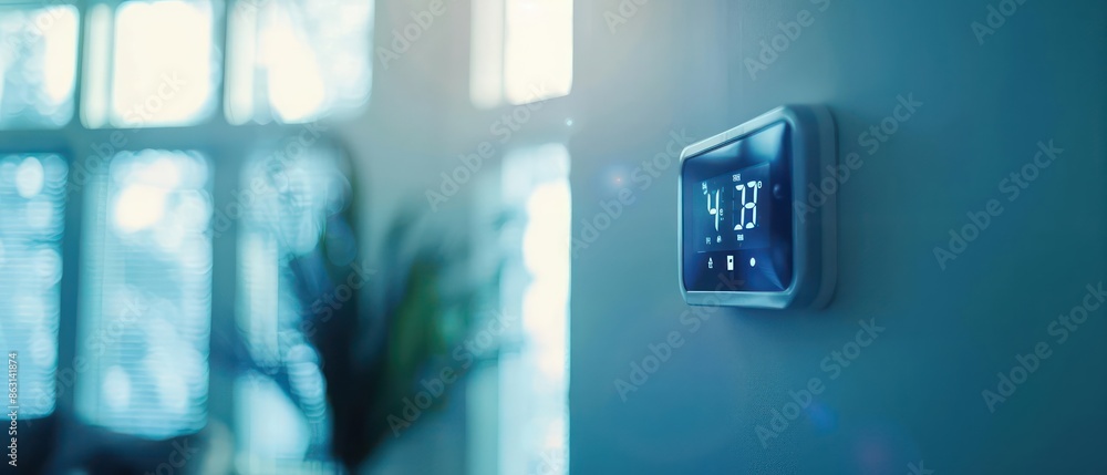 Aufkleber closeup of a digital thermostat displaying temperature in a minimalist smart home, with copy space