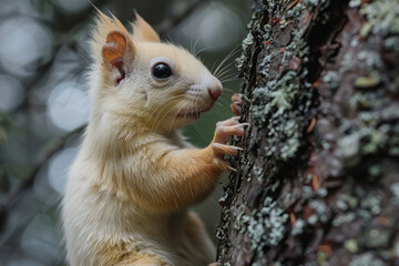 Obraz premium Albino squirrel climbing a tree in a dense forest,