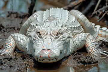 Albino crocodile lying by the edge of a muddy riverbank,