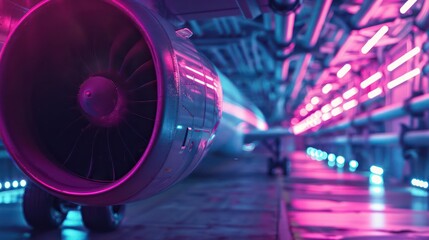 Closeup of a futuristic air freighters cargo bay illuminated by neon lights, with copy space