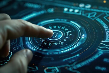 Closeup of a hand pressing a start button on a hightech competition interface, with copy space