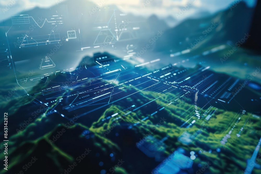 Poster closeup of a holographic interface displaying financial analytics, with copy space