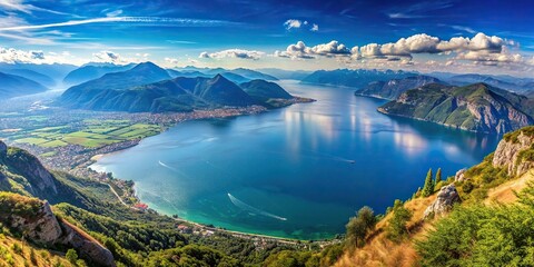 Obraz premium Spectacular panoramic view of Lake Garda from Mount Baldo on a sunny day in Milan, Italy, Lake Garda