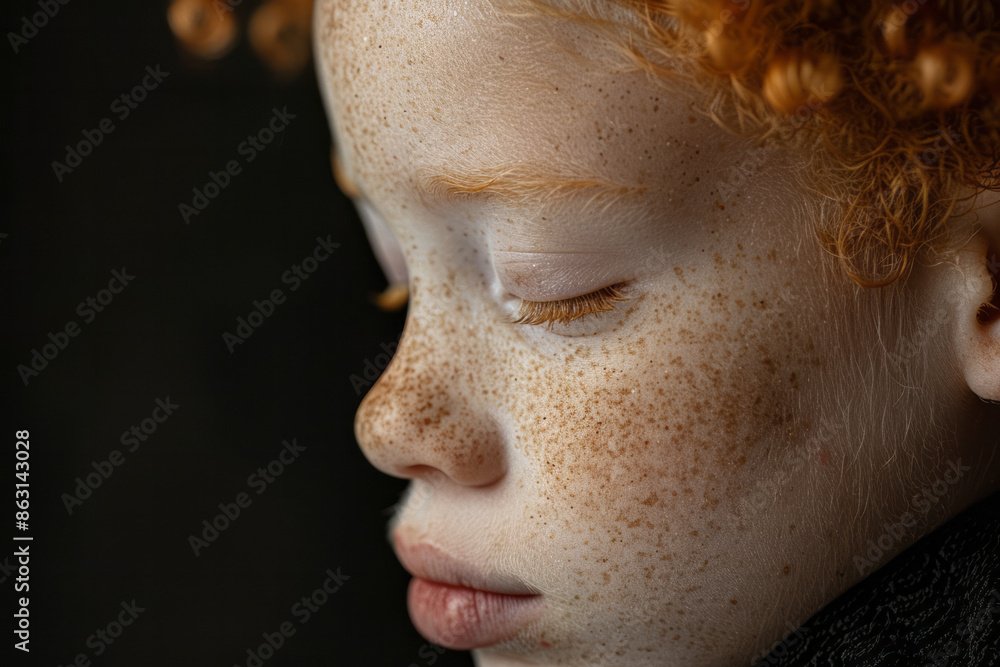 Poster artistic depiction of a child with albinism, emphasizing their delicate features,