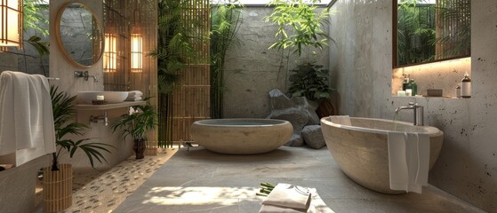Zen-inspired bathroom with natural stone elements, bamboo accessories, and a Japanese soaking tub, evoking a sense of tranquility and relaxation