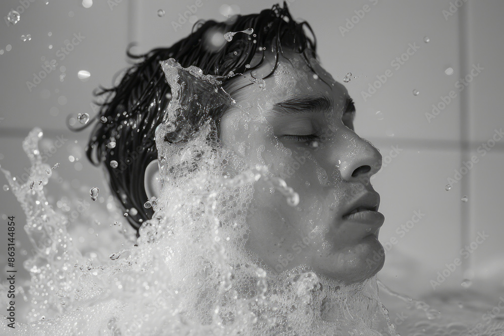 Poster Clean, frothy foam enveloping a person's head and shoulders in a minimalist setting.
