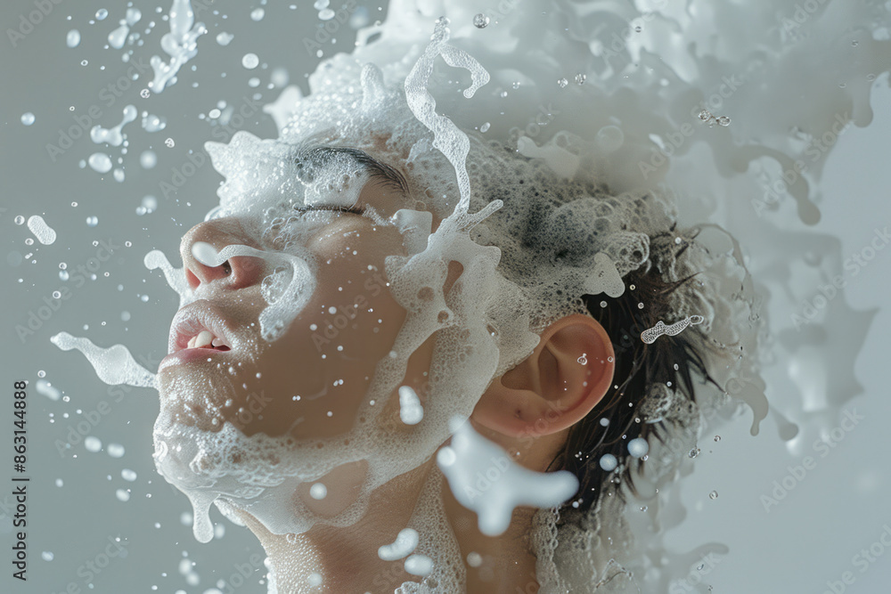 Poster Clean, frothy foam enveloping a person's head and shoulders in a minimalist setting.