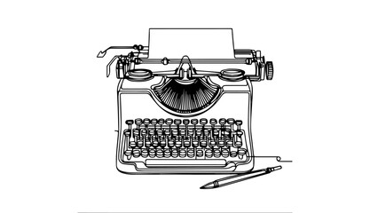 single line illustration of a vintage typewriter with a paper