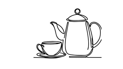 single line illustration of a teapot and cup