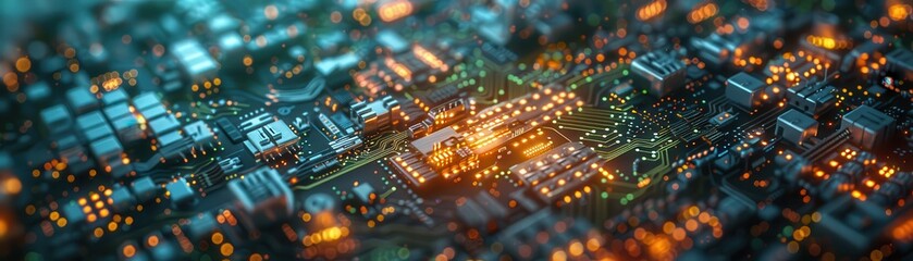 Obraz premium A computer chip is shown in a cityscape with many lights