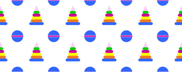 Seamless pattern with children's toys.  Multicolored pyramid and ball on white background. For fabric, linen, cover, background design. Vector illustration 