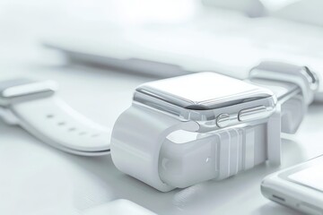 Closeup of a wearable device transforming into various gadgets, with room for text