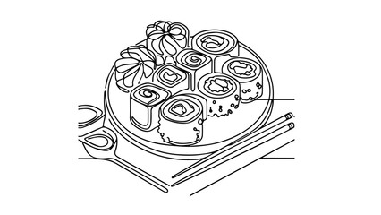 single line drawing of a sushi plate