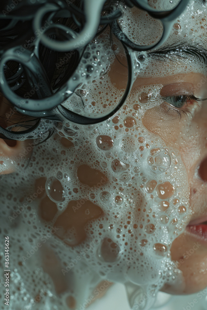 Poster clean, elegant view of foam patterns on a person's chest and hair.