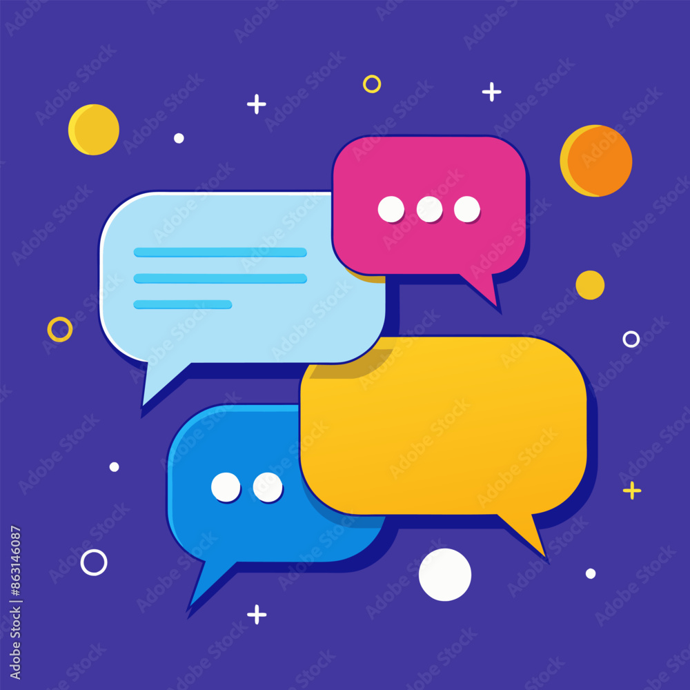 Aufkleber dialogue concept with speech bubbles and message boxes in discussion from all directions