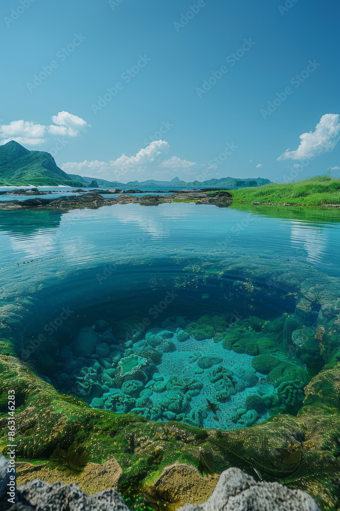 Aufkleber island with unique tidal pools filled with colorful marine life,