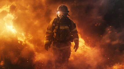 Fototapeta premium Firefighter in action surrounded by intense flames.